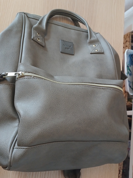 Handbags - Gray Taupe Faux Leather Vegan Backpack with Front Zip Pocket